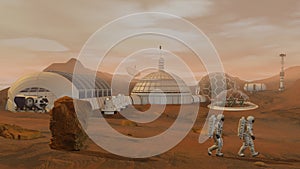 3D rendering. Colony on Mars. Two Astronauts Wearing Space Suit Walking On The Surface Of Mars photo