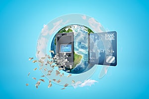 3d rendering of colored earth globe with built ATM machine, bank card sticking out and dollars in the air on blue sky