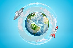 3d rendering of colored earth globe with silver metal ufo and space rocket on blue sky background