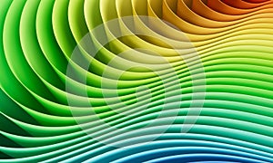 3D rendering of colorful abstract waves forming a dynamic layered pattern. Bright rainbow palette, smooth curved lines