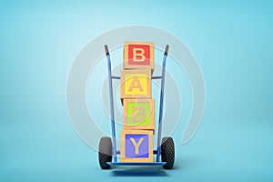 3d rendering of colorful alphabet toy blocks showing `BABY` sign on a hand truck on blue background