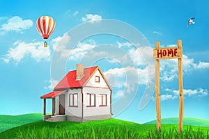 3d rendering of colorful landscape with a small private house, an air balloon and a `HOME` sign on blue sky background