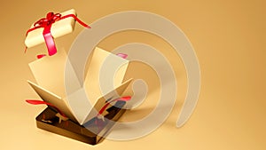 3d rendering of colorful opened realistic gift box on background. Round platform. Modern simple minimal style