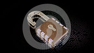 3D rendering of a combination lock. Cybersecurity of digital data, protection against hacker attacks and hacking of computer data