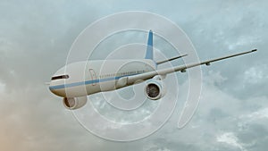3D rendering of a commercial airplane on flight over the clouds