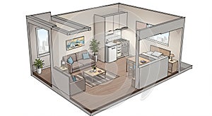 A 3D rendering of a compact studio apartment with an open-concept layout. The room