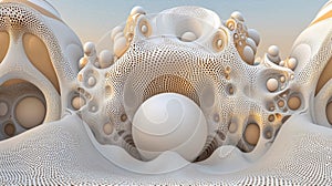 A 3D rendering of a complex, abstract structure composed of numerous spheres and interconnected lines.