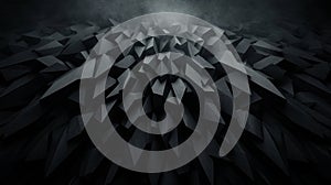 A 3D rendering of a complex, dark, and intricate structure composed of numerous triangular facets.