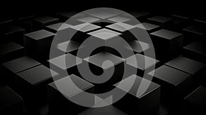 A 3D rendering of a complex geometric pattern of black cubes.