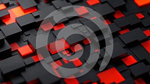 A 3D rendering of a complex geometric pattern composed of black and red cubes.