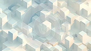 A 3D rendering of a complex geometric pattern composed of white cubes.