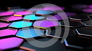 A 3D rendering of a complex hexagonal pattern with a gradient color scheme.