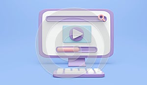 3D Rendering of computer desktop screen with search bar play button and loading icon on background