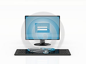 3d rendering of computer display, keyboard and stethoscope isolated over white