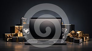 3 d rendering of computer laptop with gift box and christmas tree