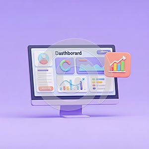 3D Rendering of a Computer Monitor Displaying a Colorful Dashboard with Charts and Graphs