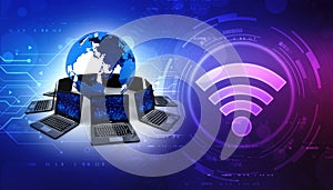3d rendering Computer network, Computer network with Globe