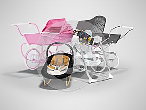 3d rendering concept set for sleeping baby, baby carriage pink and black hanging bed on gray background with shadow