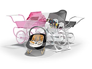 3d rendering concept set for sleeping baby, baby carriage pink and black hanging bed on white background with shadow