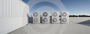 3d rendering of condenser units on rooftop of industrial building, climate control technology in air conditioning HVAC systems.