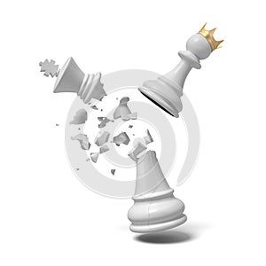 3d rendering of a cracked white chess king piece breaks under a flying white pawn with a golden crown.