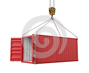 3d rendering of crane lifting open empty red shipping container isolated on white background