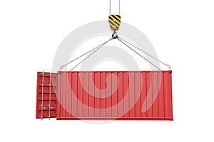 3d rendering of crane lifting open empty red shipping container isolated on white background