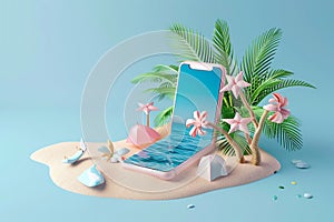 3D rendering, Creative summer beach on smartphone with blue background, summer vacation concept