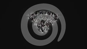 3d rendering of crowd of people with flashlight in shape of symbol of connection on dark background