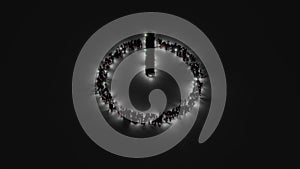 3d rendering of crowd of people with flashlight in shape of symbol of power on dark background