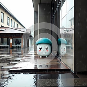 3d rendering of a cute easter egg character standing on a pebble covered with water drops