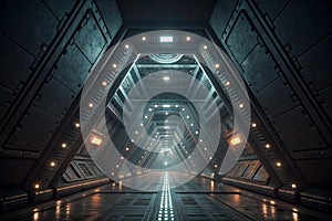 3D rendering of dark sci-fi tunnel with futuristic design