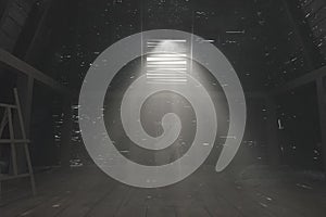 3d rendering of darken empty attic with light rays through holes in the roof