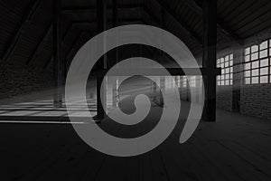 3d rendering of darken empty attic with light rays through windows