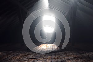 3d rendering of darken empty attic with light rays