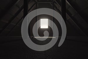 3d rendering of darken empty attic with light at window