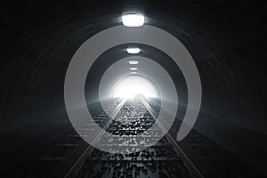 3d rendering of darken train tunnel with light at the end photo