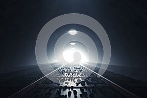 3d rendering of darken train tunnel with light at the end photo