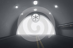 3d rendering of darken tunnel with light at the end of tunnel photo