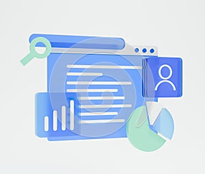 3D rendering data analytics dashboard featuring a web browser