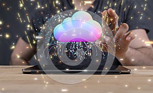 3D rendering of a data cloud storage network from lines, triangles and particle style design.