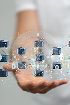 3D rendering of a Data cloud storage network from lines, triangles, and particle style design