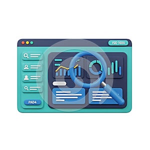 3D Rendering of a Digital Dashboard with Magnifying Glass and Charts interface