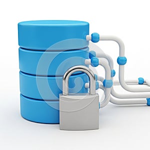 Stack of Blue Cylinders Representing Data Storage with a Padlock database server