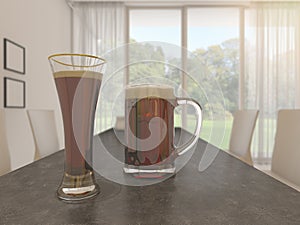 3d rendering depth of field nice beer glasses in white dining room with beautiful green view photo