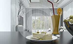3d rendering depth of field orange juice and cheese cake on table in bright beautiful room photo