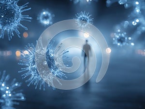3D rendering of a detailed blue background with a human figure, bright blue virus, white cold virus illustration, sharp focus