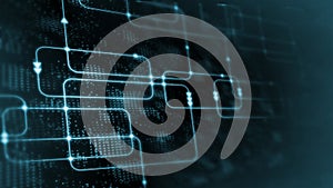 3D Rendering of Digital abstract technology. Blue color computer software flow chart on data science system diagram background.