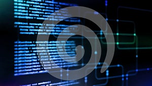 3D Rendering of Digital abstract technology. Programming script binary coding snippet on glowing software flowchart background.