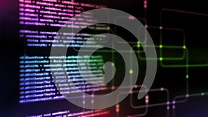 3D Rendering of Digital abstract technology. Programming script binary coding snippet on glowing software flowchart background.